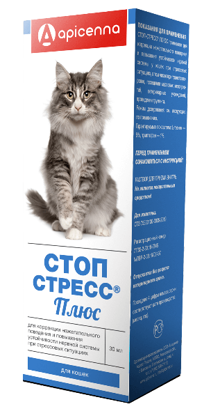 Кормовая добавка Apicenna Стоп-стресс Плюс для кошек в форме капель для коррекции поведения при стрессах, 30 мл.